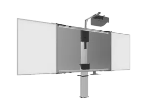 SmartMetals Digital Smart Board System featuring a central gray interactive display, two white side panels, a ceiling-mounted projector, and a sturdy vertical support column with reliable SmartMetals mounting for enhanced stability.