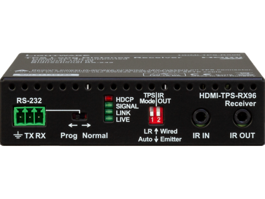 Close-up of HDMI-TPS-RX96 receiver device displaying its front panel ports and status indicators, including RS-232, IR IN/OUT jacks, TPS IR mode switch, and LED lights labeled HDCP, SIGNAL, LINK, and LIVE; used for HDMI signal extension in AV installations.