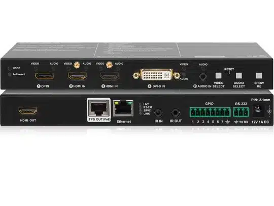 Black AV matrix switcher device with multiple front and back input/output ports, including HDMI, DisplayPort, DVI, Ethernet, IR, GPIO, RS-232 serial ports, audio jacks, and power connectors; ideal for professional audio-video equipment connectivity.