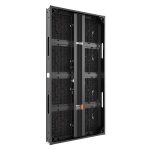 Unilumin USlim 2.6 semi-outdoor LED wall module (0.50m x 1.00m, 2.61mm pixel pitch) shown angled, featuring a black rectangular metal frame with mesh panels, visible internal mounting slots, and vertical support rails—ideal for high-resolution outdoor LED displays.