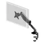 The iiyama DS3001C-B1 Monitor Bracket, securely mounted to a desk edge, holds a flat screen monitor in a floating position with angle-adjustable joints and a sturdy clamp base for stability.