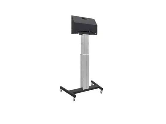 Iiyama MD 062B7295 Floor Lift on Wheels, a black and silver electronic height-adjustable stand with sturdy metal frame and caster wheels, displayed against a white background.