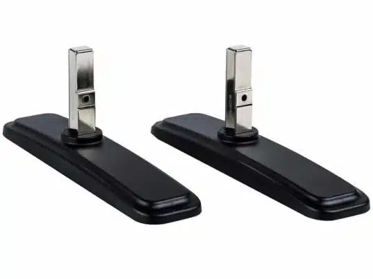 Pair of iiyama OSTX40X81 Table Stands—black and silver rectangular stands with sturdy metal vertical supports and wide plastic bases, designed for new monitor purchase, displayed on a white background.