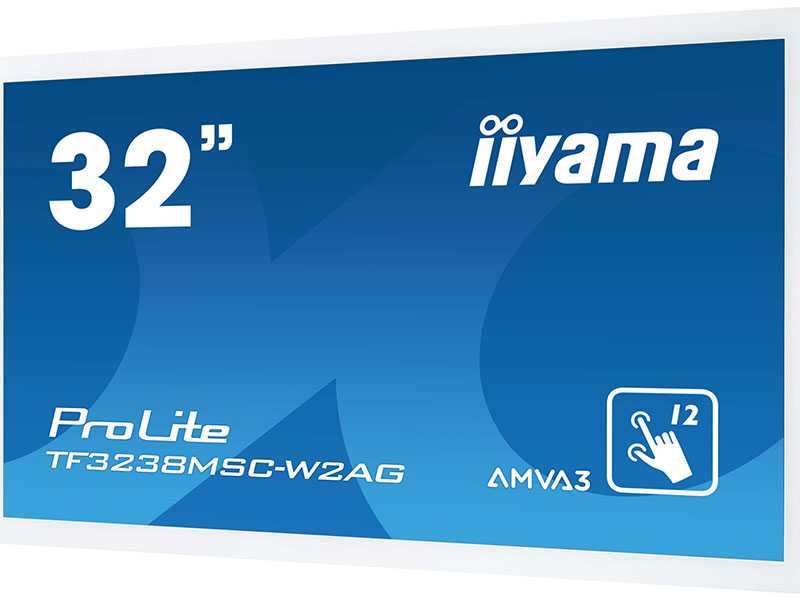 Product image of the iiyama ProLite TF3238MSC-W2AG 32-inch touchscreen monitor. The blue label displays the number 32, the iiyama logo, and AMVA3 panel type. There is also an icon of a hand touching a screen with 12 above it, highlighting its 12-point multi-touch functionality.