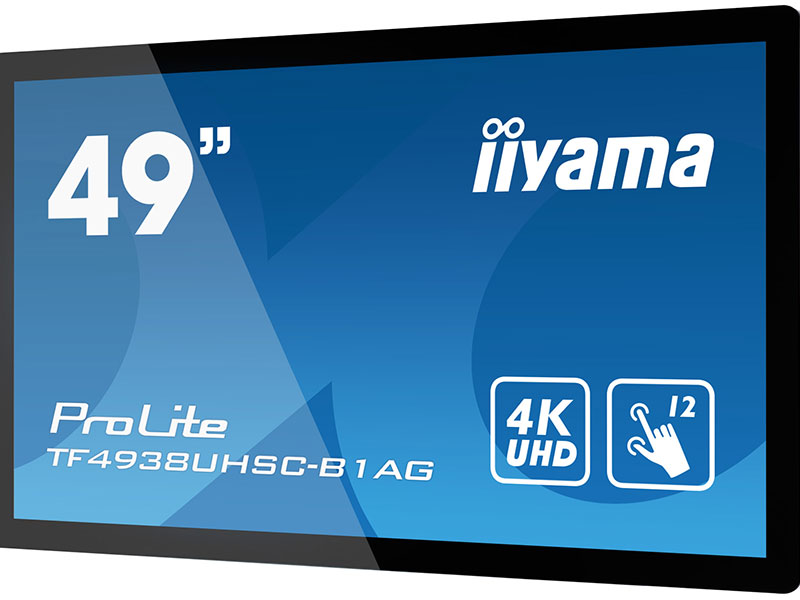 49-inch iiyama ProLite TF4938UHSC-B1AG touchscreen monitor with 4K UHD displayed on a blue screen; the display features a slim black bezel and is designed for interactive use.