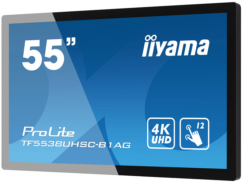 Iiyama ProLite TF5538UHSC-B1AG 55-inch touchscreen monitor with blue screen displaying “55”, 4K UHD, and a touch icon. The sleek, interactive display highlights its large size and ultra-high definition resolution, making it ideal for presentations and collaborative environments.