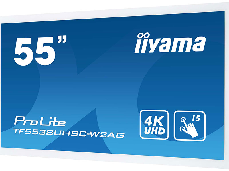 Iiyama ProLite TF5538UHSC-W2AG 55-inch interactive display with blue background, showing iiyama logo, 4K UHD resolution icon, and 15-point touch input icon.