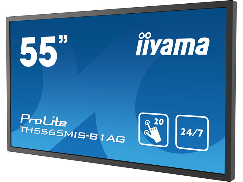 Iiyama TH5565MIS-B1AG 55 Inch Multi Touch Display shown on a blue background, with icons highlighting its 20-point touch capability and support for 24/7 operation.