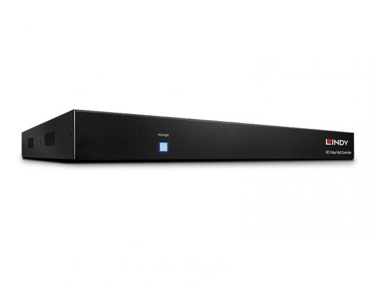 Lindy 38134 Video Wall Scaler – A new, black rectangular H.264 video wall controller with a blue power button, designed for rack mounting; ideal for managing multiple display screens in professional AV setups.