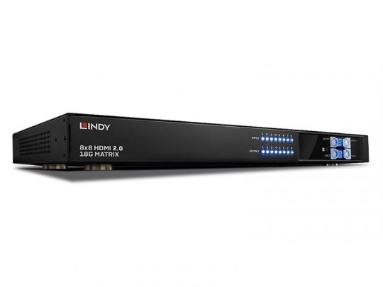 Lindy 38160 Matrix Switch (black, new) with multiple input and output indicator lights and blue control buttons on an angled front panel. This professional AV switch allows seamless management of several audio and video sources, designed for rack mounting in AV setups.