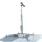 Tall metallic surveillance camera tower called “Mobile Security Tower,” featuring an extended pole with a mounted security camera on top, standing on a sturdy base with four stabilizing legs, isolated against a white background.