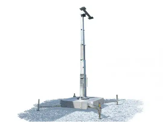 Tall metallic surveillance camera tower called “Mobile Security Tower,” featuring an extended pole with a mounted security camera on top, standing on a sturdy base with four stabilizing legs, isolated against a white background.