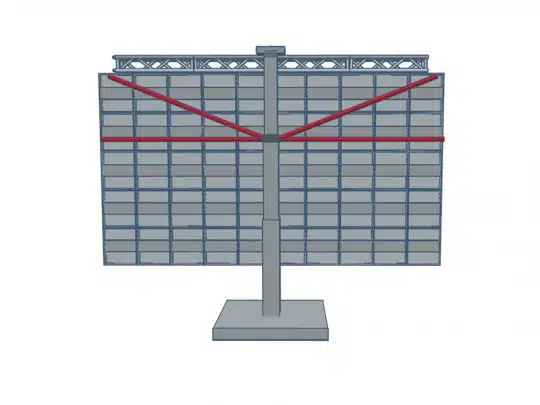 Digital illustration of the back view of a large rectangular billboard, named Heavy Duty Outdoor Billboard. The billboard features a sturdy metal frame and is supported by a central pole, with prominent red diagonal braces providing extra structural support. This SEO alt text describes the industrial design details for visually impaired users.
