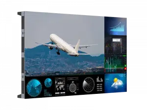Large flat-screen monitor displaying a dynamic aviation dashboard with a photo of an airplane taking off, overlaid with digital charts, graphs, a world map, radar graphics, and a weather forecast showing 20°C and sunny icon—ideal for flight operation centers or airline analytics.