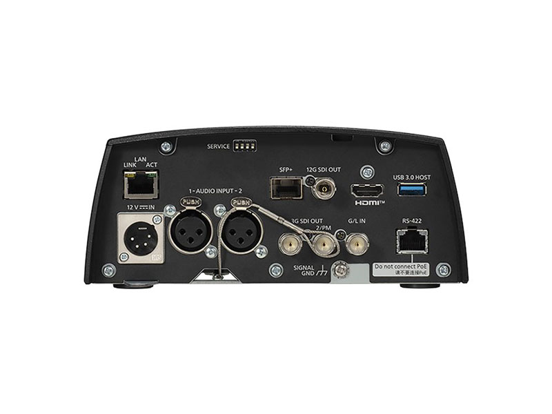 Rear view of a professional video switcher showing multiple ports, including XLR audio inputs, LAN port, HDMI port, USB 3.0 port, RS-422 control port, SDI inputs and outputs, 12V power input, and various signal and control connectors for broadcast and production setup.