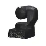 Black professional PTZ (pan-tilt-zoom) video camera with multiple input and output ports on its base, displayed against a plain white background. The camera is positioned to highlight its connectivity options and control buttons, ideal for live streaming or conference setups.