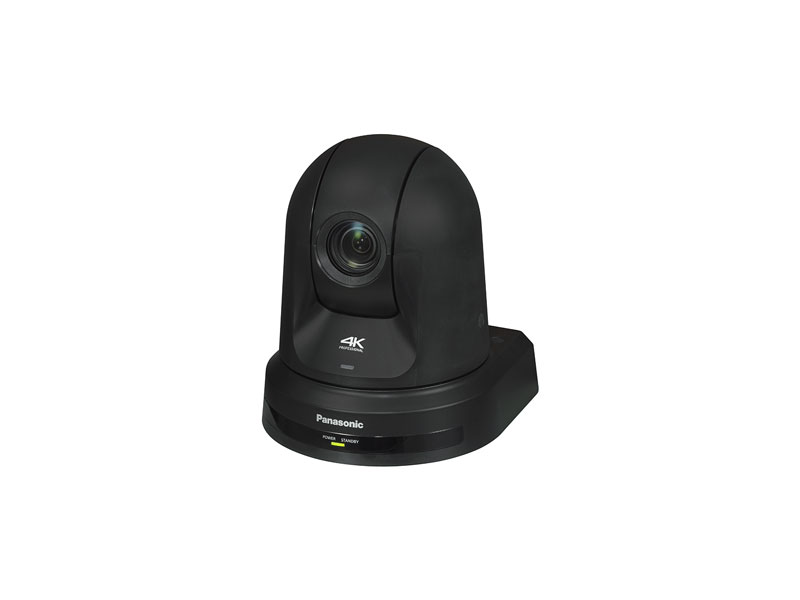 Panasonic AW-UE50KEJ 4K PTZ camera in black with a rounded, modern design, prominent lens facing forward, and Panasonic logo on the base; photographed against a plain white background—ideal for professional video production or rental.