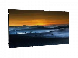 High-resolution flat LED display panel showcasing a vivid landscape with rolling hills, mist, and a bright orange sunset sky. The screen highlights sharp detail and rich colors, demonstrating the LED displays clarity and vibrant picture quality.