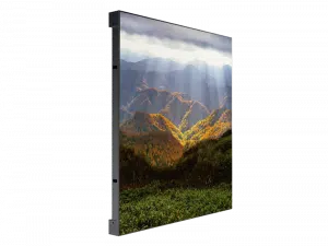 Samsung 55-Inch Ultra Slim LED Display showing a high-resolution image of sunlight illuminating green and orange forested mountains beneath a cloudy sky; the screen is thin, rectangular, and designed for vibrant, detailed visuals.