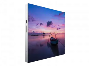 Slim LED display panel featuring a vibrant image of a small boat floating on calm water at sunset, with a colorful sky and soft clouds in the background. Ideal for home or office décor, this high-resolution screen delivers stunning visual clarity and lifelike colors.