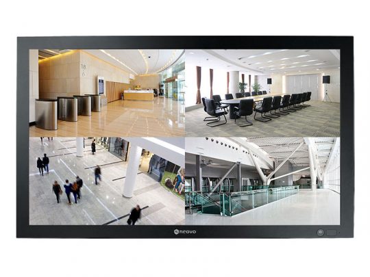 Security camera monitor displaying split-screen footage from four different areas: a building lobby, a conference room with chairs, people walking in a large atrium, and an empty modern hallway. This security surveillance system provides real-time visual monitoring for office or commercial spaces.