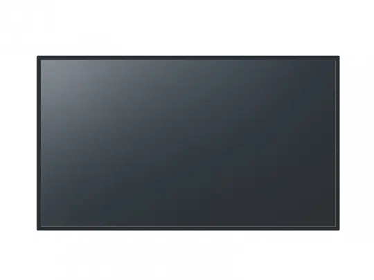 A large, flat-screen TV or monitor with a slim black frame, turned off and displayed against a plain white background. The screen is glossy and rectangular, highlighting the modern design of this television or computer monitor.