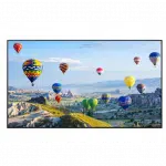 Vibrant digital photo frame displaying a widescreen image of colorful hot air balloons floating above a green, rocky landscape under a clear blue sky. Perfect for home or office décor, this digital frame showcases high-definition visuals with vivid colors.