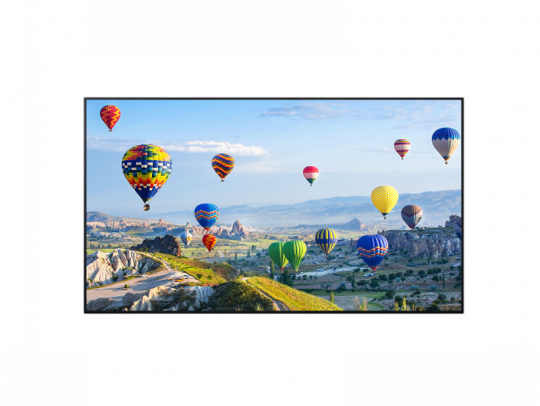 Vibrant digital photo frame displaying a widescreen image of colorful hot air balloons floating above a green, rocky landscape under a clear blue sky. Perfect for home or office décor, this digital frame showcases high-definition visuals with vivid colors.