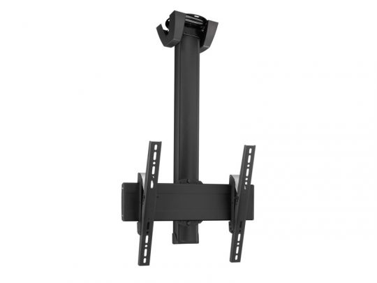 Black ceiling-mounted TV bracket called an adjustable ceiling TV mount, featuring a vertical pole and tilting horizontal arms for supporting flat-screen televisions; product shown isolated against a white background.