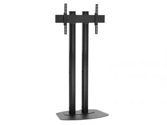 Black dual-pole TV stand with rectangular mounting bracket and flat base, designed to securely hold and display flat-screen televisions; ideal for home or office use.