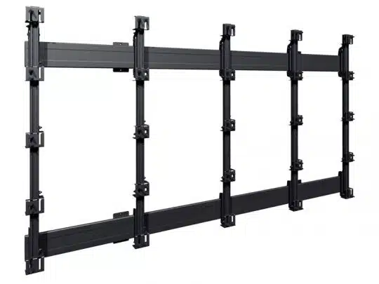 Black metal 2x2 video wall mount frame for four large flat-screen monitors, displayed against a white background. The sturdy frame securely holds displays in a seamless grid, ideal for professional video walls or digital signage installations.