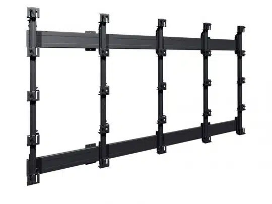 Black metal video wall mounting frame featuring four vertical and two horizontal bars, designed to securely hold multiple display screens in a grid formation on a wall—ideal for professional video wall installations.
