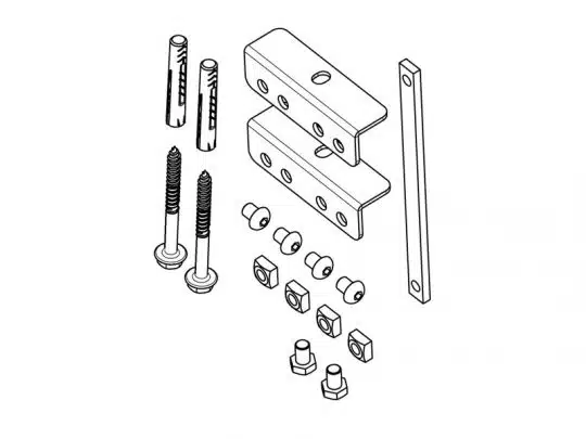 Black and white line drawing of assorted hardware items, including wall plugs, screws, two metal brackets, a rectangular mounting bar, washers, and nuts arranged neatly on a white background.