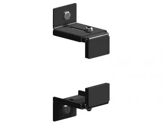 Two black metal adjustable mounting brackets with bolts, featuring flat rectangular plates and a slotted perpendicular arm for flexible installation; shown from different angles. Ideal for securing shelves or equipment.