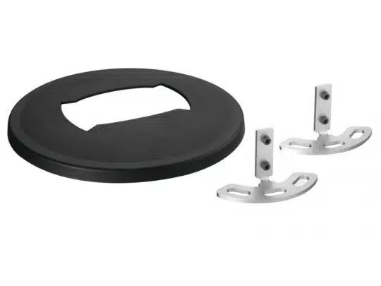 Black plastic circular lid with a rectangular opening, shown alongside two curved silver metal brackets featuring vertical mounting pieces and screws; parts for a trash can or waste bin lid assembly.