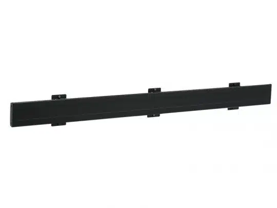 Long black metal mounting bracket with four evenly spaced clips, designed for secure wall or surface installation—ideal for organizing cables or supporting fixtures.