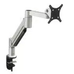 Silver adjustable monitor arm with clamp base—ergonomic desk mount featuring an articulating arm and mounting plate for computer monitors; ideal for flexible screen positioning and workspace organization.
