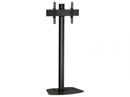 Black metal TV stand with rectangular base, tall vertical pole, and adjustable mounting brackets for mounting a flat-screen television; modern, sturdy design suitable for living rooms or offices.