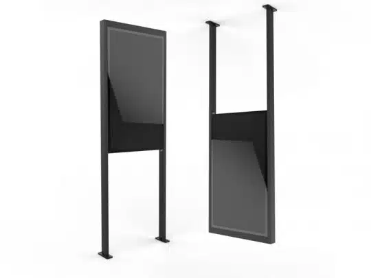 Two sleek, black digital signage display screens—one freestanding on a floor-mounted stand and the other suspended from the ceiling—both featuring glossy rectangular surfaces, showcased against a plain white background.