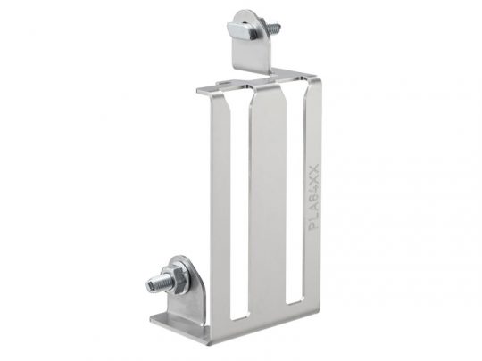 Metal Mounting Bracket – Stainless Steel Support with Two Vertical Slots, Horizontal Base, and Securing Bolts. Image shows a smooth stainless steel mounting bracket featuring two vertical slots for adjustable installation, a flat horizontal base for stability, and two bolts with nuts at the top and side designed to secure hardware components. Suitable for shelving or equipment mounting applications.