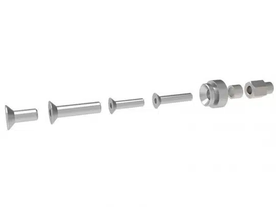Exploded view of metallic mechanical components—including cylindrical and hexagonal parts—neatly aligned in a row on a white background, clearly displaying each part’s shape and structure for assembly identification. Ideal for automotive or machinery product catalogs.