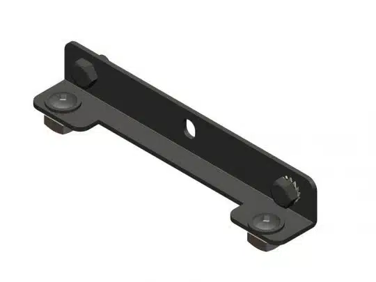 3D rendering of a black metal mounting bracket, featuring two bolts and a central hole, designed for securely attaching components—ideal for industrial or home improvement use.