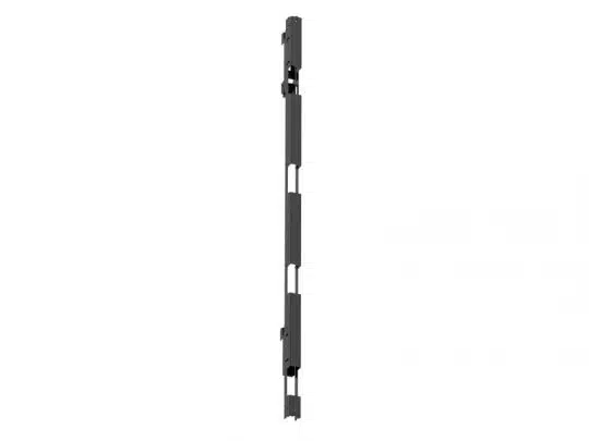 Black metal vertical latch lock with multiple rectangular sections and cutouts, shown side view on a white background. Secure door locking mechanism, modern design.