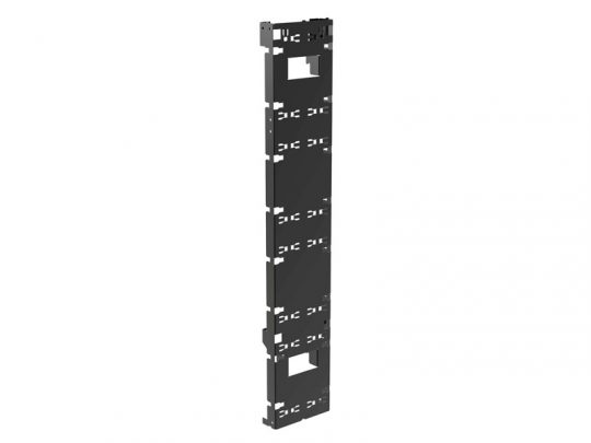 Tall, narrow black metal mounting bracket with multiple rectangular cutouts and slots, designed for vertical installation in server racks or electronic assemblies.