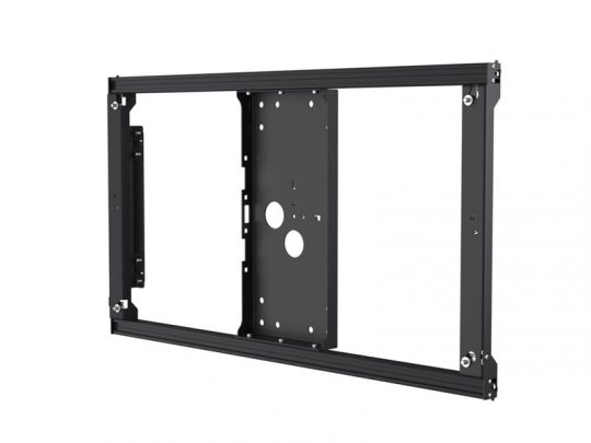 Black metal TV wall mount bracket with adjustable frame, central plate featuring multiple holes for screws and cable management, isolated on a white background. Ideal for securely mounting flat-screen TVs to the wall.