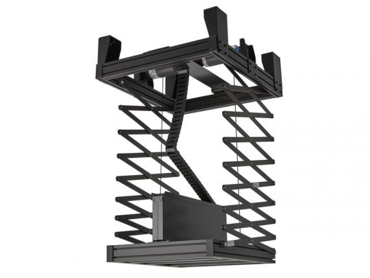 Black motorized projector lift in a fully extended position with a scissor-style mechanism, designed for ceiling installation to raise and lower projectors safely and conveniently.