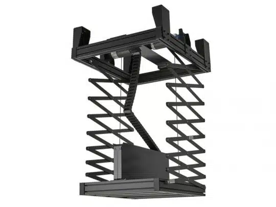 Black motorized projector lift in a fully extended position with a scissor-style mechanism, designed for ceiling installation to raise and lower projectors safely and conveniently.