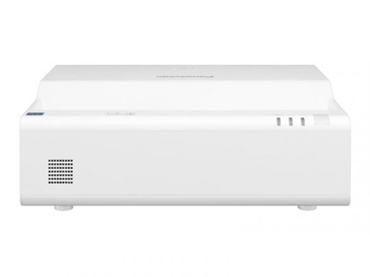 Front view of a white Epson projector, rectangular in shape, featuring air vents and subtle control detailing on the top and front panel; ideal for home or office presentations.