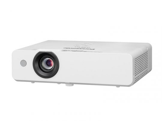 White Panasonic projector with a large lens on the left, side ventilation holes, and a compact rectangular design, displayed against a plain background.
