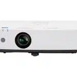 Front view of a white mini projector with black lens and base, featuring a minimalist design, round lens on the left side, and subtle control buttons on top. Perfect for home theater or office presentations.